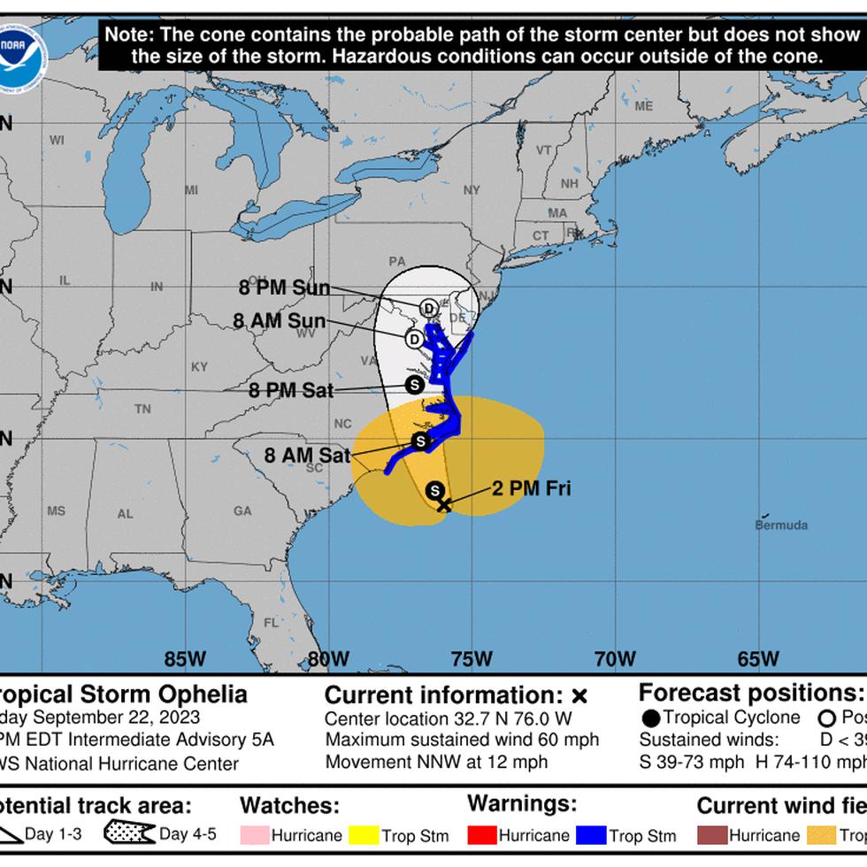 Trayectoria pronosticada para la tormenta tropical Ophelia, según el boletín de las 2:00 p.m. del 22 de septiembre de 2023.