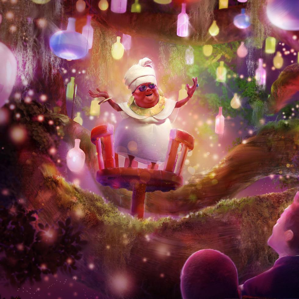 Como se muestra en esta representación, Mamá Odie bromeará con los invitados a lo largo de su viaje después de una exhibición especial de su magia en Tiana's Bayou Adventure que llegará a Disneyland Resort y Walt Disney World Resort en 2024. (Artist Concept/Disneyland Resort)