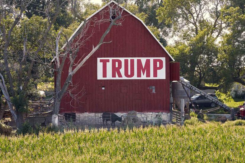 Un campo de maíz frente a un granero con un letrero en apoyo al presidente Donald Trump, en Ashland, Nebraska. (AP/Nati Harnik)