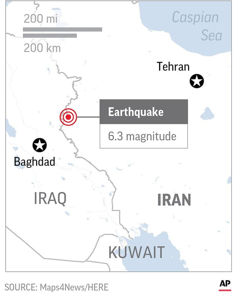 El Servicio Geológico de los Estados Unidos dice que un terremoto de magnitud 6.3 ha golpeado el oeste de Irán cerca de su frontera con Irak. (AP)