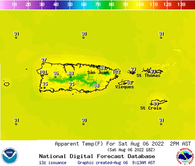 Mapa que muestra los índices de calor pronosticados para este 6 de agosto de 2022 a las 2:00 p.m. en Puerto Rico.