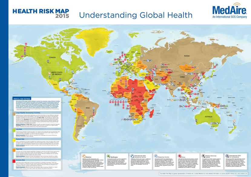 Aunque en los países "verdes" los riesgos para la salud son bajos, igualmente los viajeros deben prepararse. (www.medaire.com)