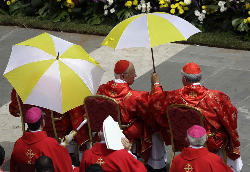 Cardenales refugiados del sol durante la misa de Pentecostés celebrada por el papa Francisco en la Plaza de San Pedro, en el Vaticano, el domingo 9 de junio de 2019. (AP)