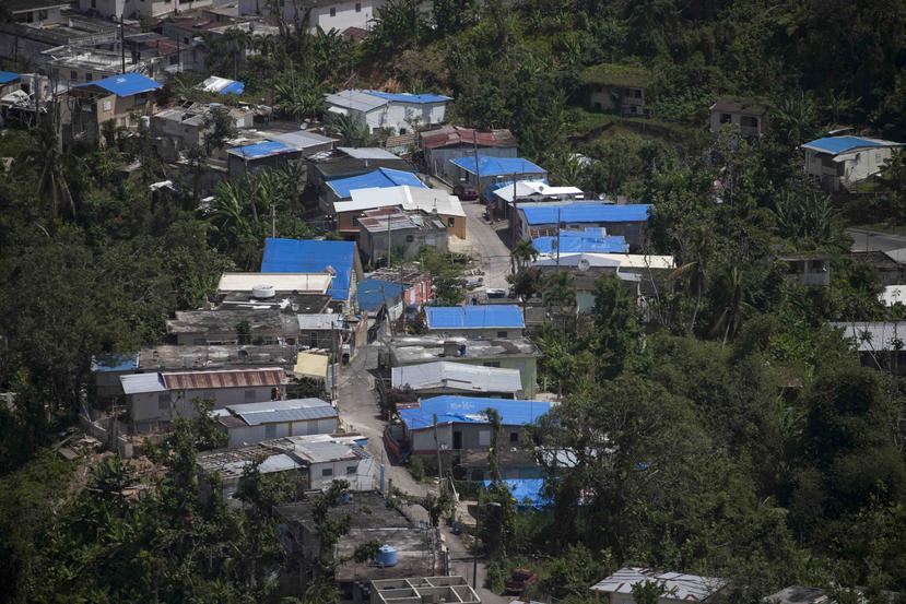 Vista aérea del pasado marzo desde Utuado donde se ven varias casas con los toldos azules. (GFR Media)