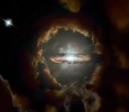 Imagen artística de una galaxia gigante de disco giratorio de gas, que reta la teoría de que galaxias así podían alcanzar un tamaño tan grande tan temprano. (NRAO/AUI/NSF, S. Dagnello)