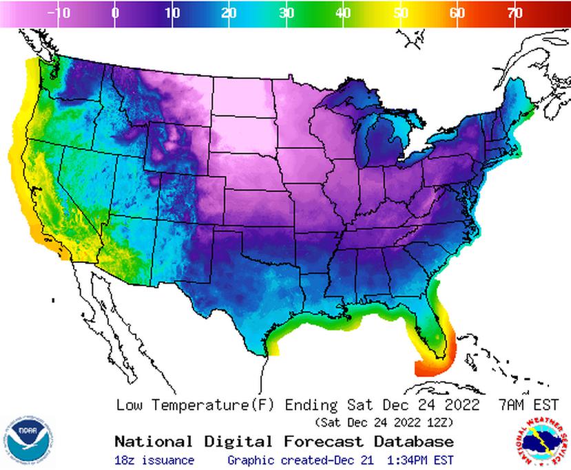 Pronóstico de temperaturas mínimas para la noche del próximo viernes, 23 de diciembre de 2022, en Estados Unidos. Colores del verde hacia el violeta representan temperaturas por debajo de los 30 grados Fahrenheit.