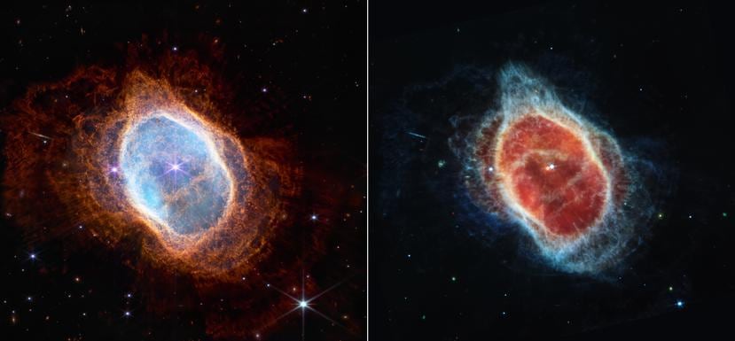 Esta comparación lado a lado muestra las observaciones de la Nebulosa del Anillo Sur en luz infrarroja cercana, a la izquierda, y en luz infrarroja media, a la derecha, del Telescopio Webb de la NASA.