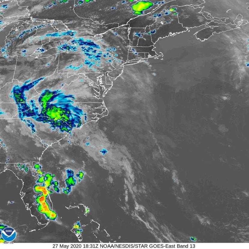 Imagen del satélite infrarrojo que muestra a la depresión tropical Bertha en la tarde del miércoles, 27 de mayo de 2020. (NOAA)
