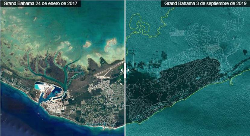 La imagen documenta cómo gran parte de la isla Gran Bahama estuvo bajo agua. (Google Earth / Iceye)