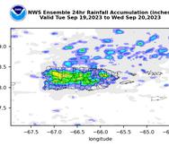 Pronóstico de acumulación de lluvias en 24 horas basado en las proyecciones de un grupo de modelos. Válido entre el 19 al 20 de septiembre de 2023 en Puerto Rico.