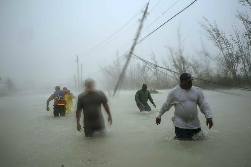 Algunos voluntarios caminan bajo la lluvia y el fuerte viento por un camino inundado de agua para rescatar a personas que estén en peligro por las complicadas condiciones en las que quedó la isla de Gran Bahama. (AP)