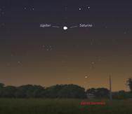 Imagen tomada por la Sociedad de Astronomía del Caribe que muestra la cercanía de los planetas Júpiter y Saturno.