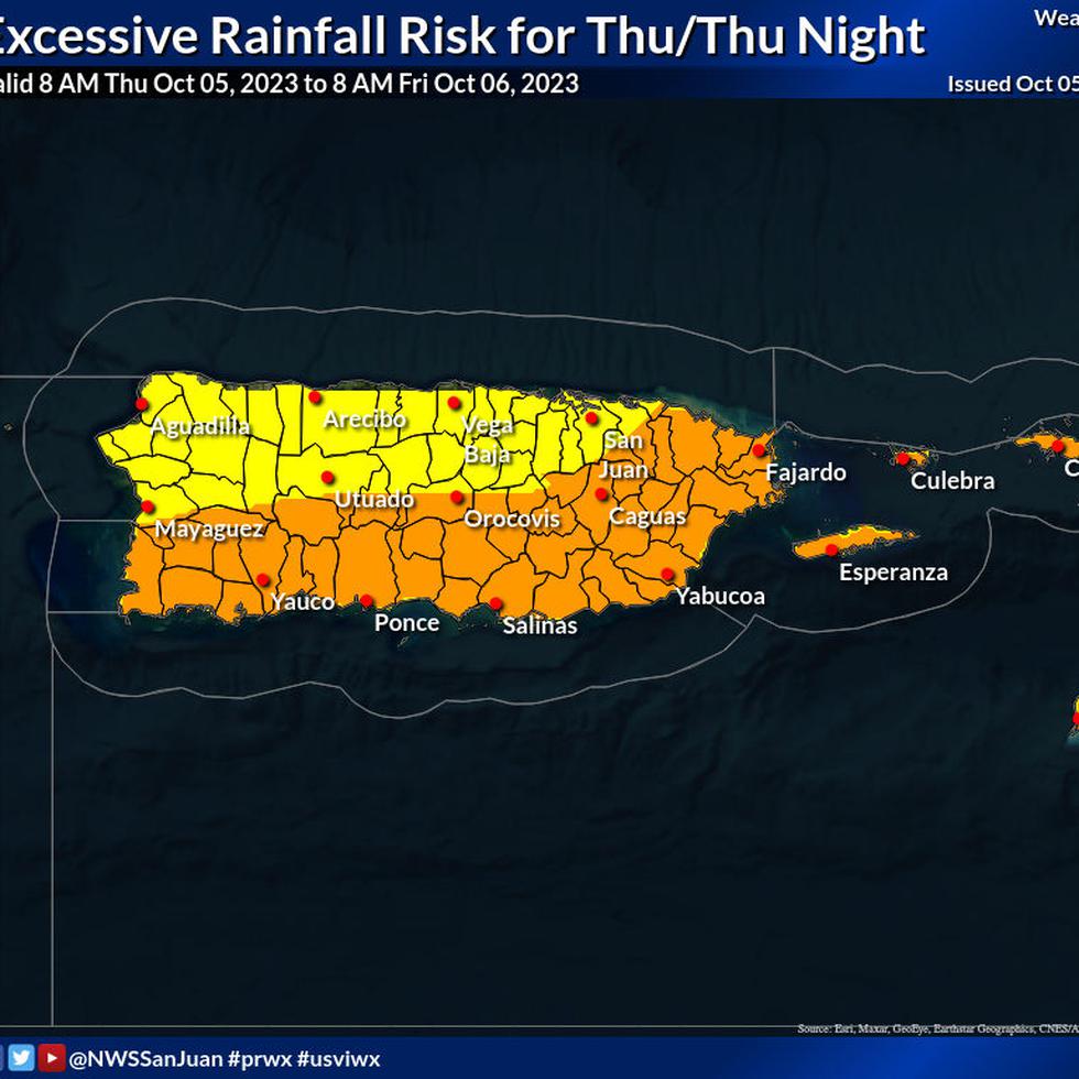 Mapa que muestra los niveles de riesgo de inundaciones por lluvia excesiva. El amarillo es riesgo limitado y el anaranjado es riesgo elevado. La gráfica corresponde al 5 de octubre de 2023.