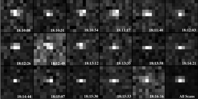 Alcance del Radar Planetario del Observatorio de Arecibo: imágenes Doppler de cada escaneo (1-17, de izquierda a derecha y de arriba a abajo) y la suma de los 17 escaneos (recuadro inferior derecho) utilizando 0.5 microsegundos en baudios con una resolución de 75 metros por píxel en el alcance y 15.3 Hertz en Doppler.