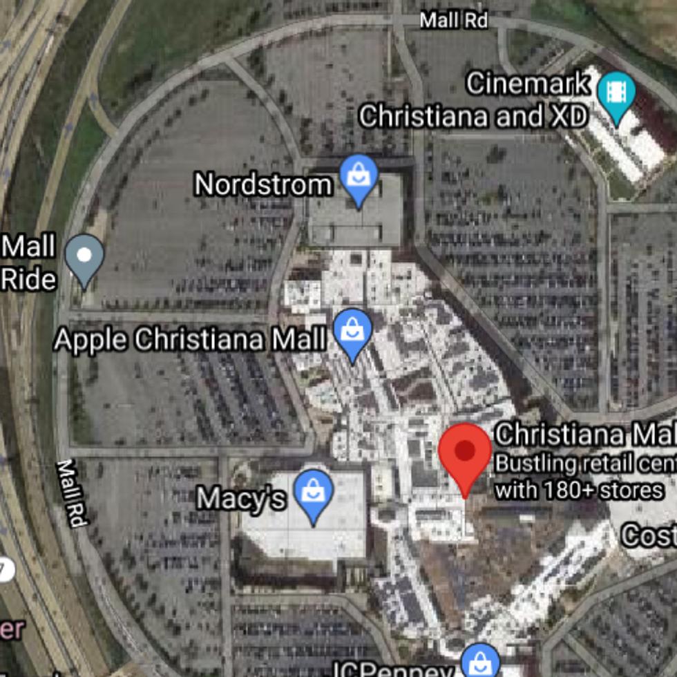 Captura de Google Maps que muestra la ubicación del centro comercial Christiana Mall en Delaware.