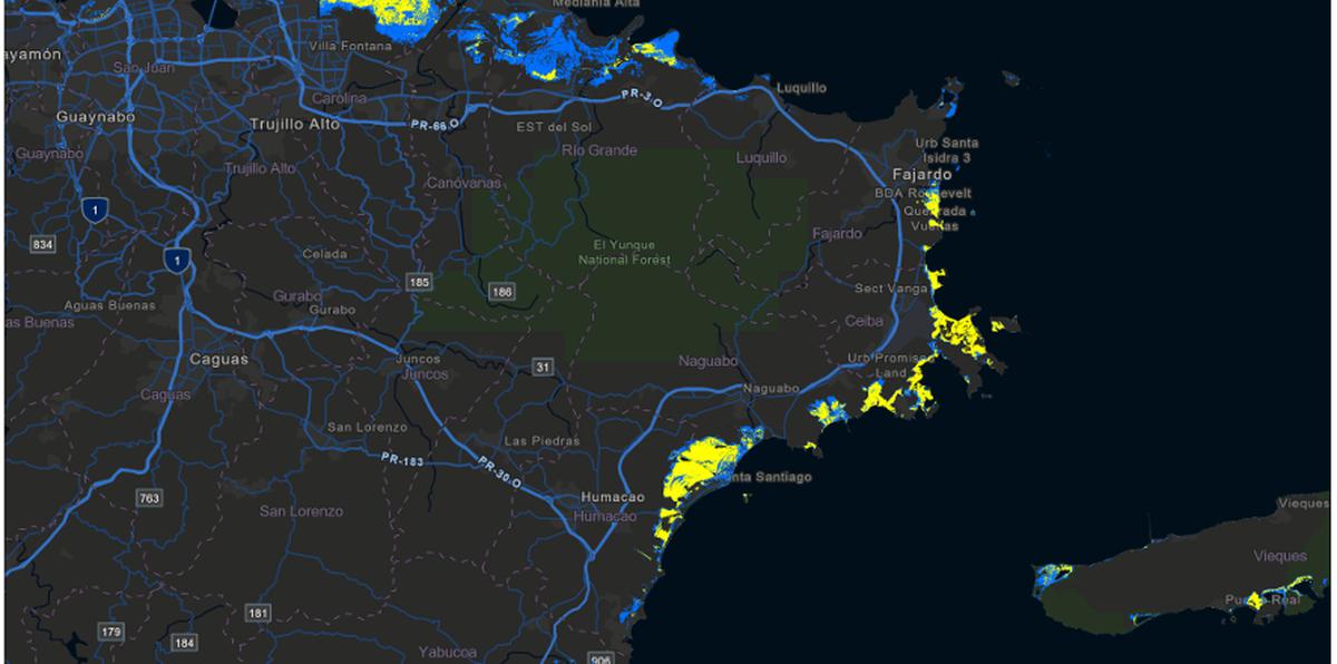 Mapa conceptual de cómo lucirán las imágenes de visualización de inundaciones de marejadas ciclónicas cuando se emita una vigilancia o aviso de un ciclón tropical para Puerto Rico.