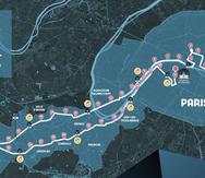 Este mapa muestra la ruta del maratón para los Juegos Olímpicos de París de 2022, con su viento ascendente hacia Versalles y la antigua ciudad de los reyes con su espectacular palacio, al suroeste.
