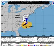 Trayectoria pronosticada para la tormenta tropical Ophelia, según el boletín de las 2:00 p.m. del 22 de septiembre de 2023.