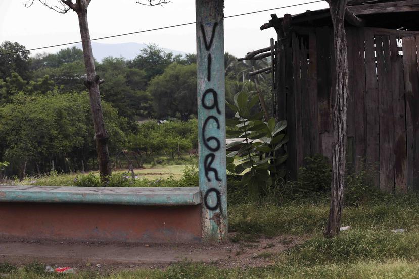 Un poste de luz marcado con la palabra “Viagra”, el brazo armado del cártel Nueva Familia Michoacana, en El Terrero, Michoacán, México. (AP/Marco Ugarte)