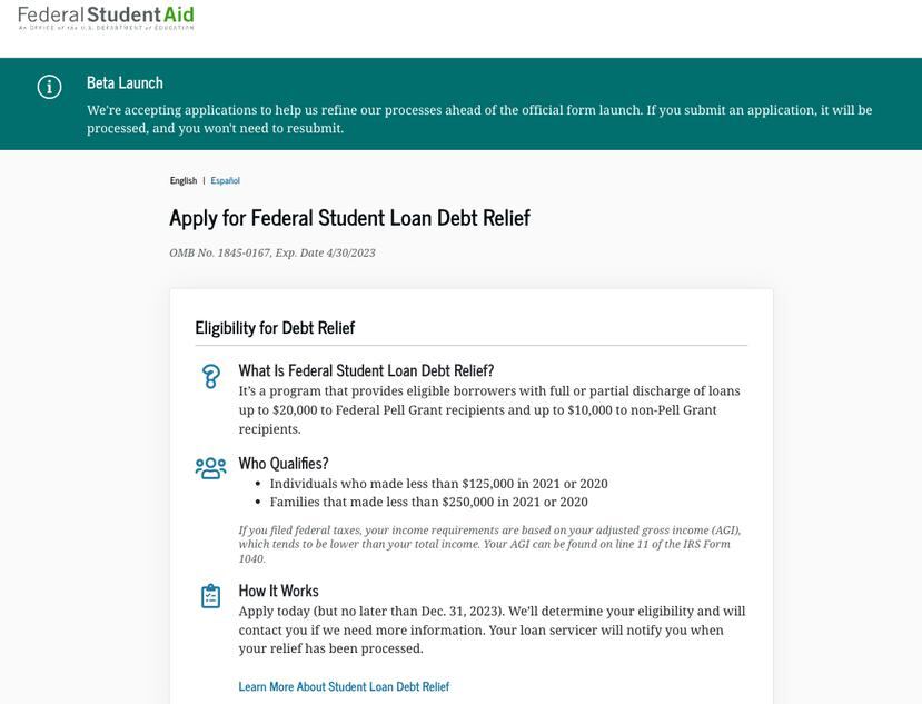 Screenshot of the federal government page to request cancellation of student debt.