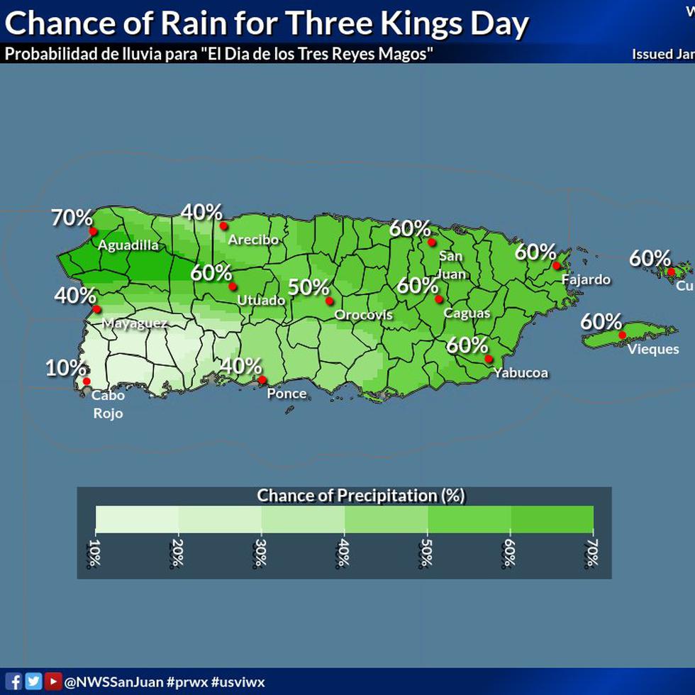 Mapa que muestra la probabilidad de lluvias para este 6 de enero de 2023.
