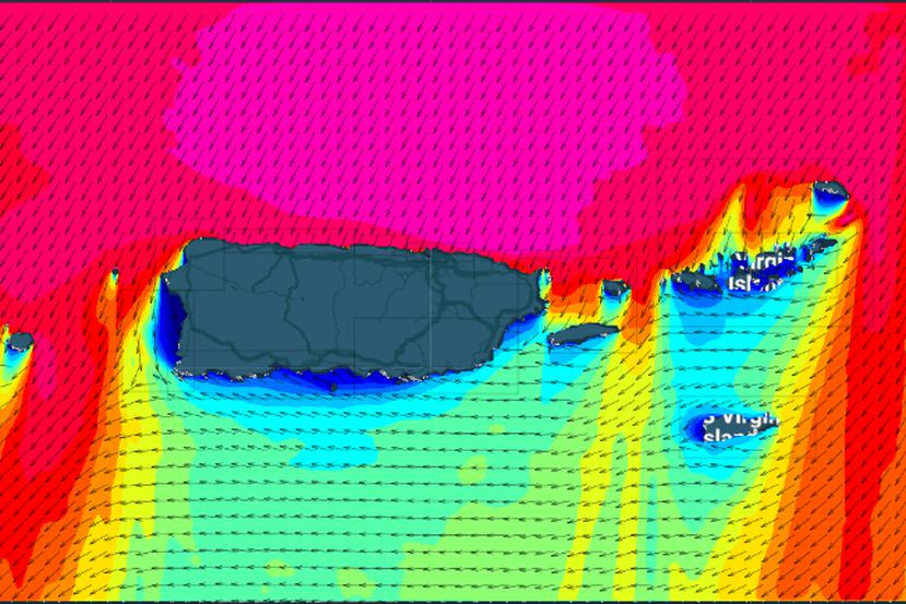 Mapa de altura de oleaje desarrollado por CARICOOS. Los colores rojo, rosa y violeta representan oleaje desde los 5 a 7 pies. Pronóstico del 12 de noviembre de 2022.