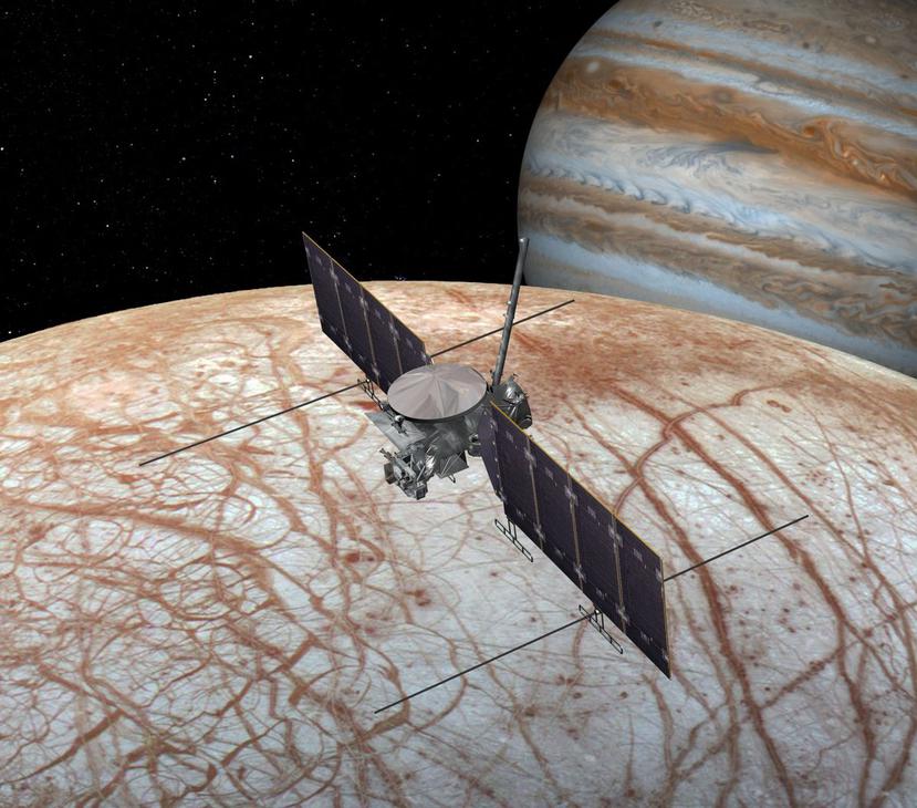 La nueva nave estudiará el océano de agua salada que se entiende existe en la luna Europa de Júpiter. (Ilustración NASA/JPL-Caltech)