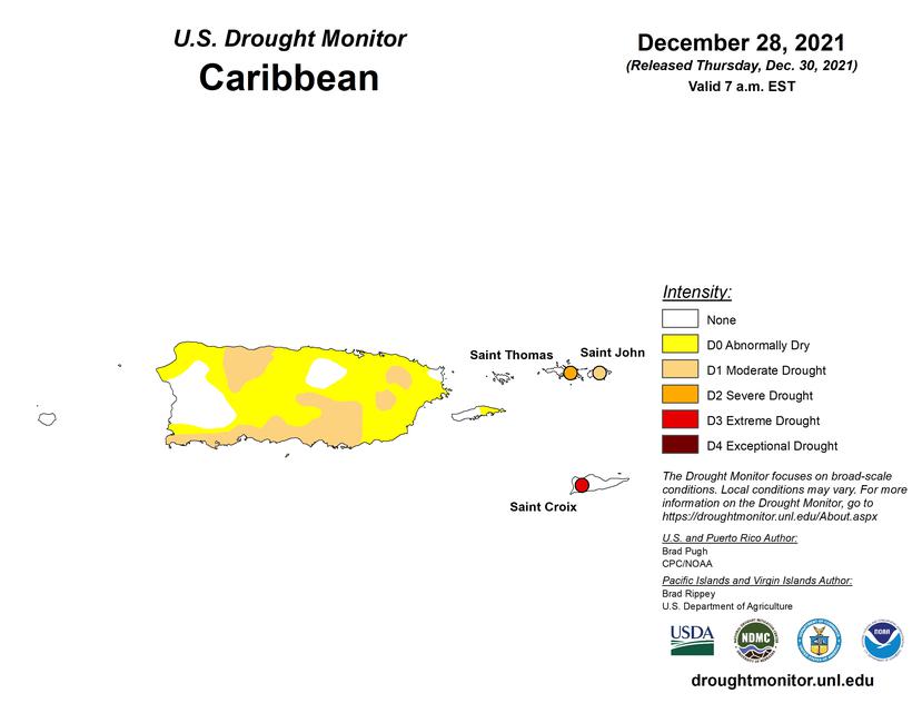 Mapa que muestra las zonas de la isla bajo condiciones atípicamente secas o con sequía moderada.