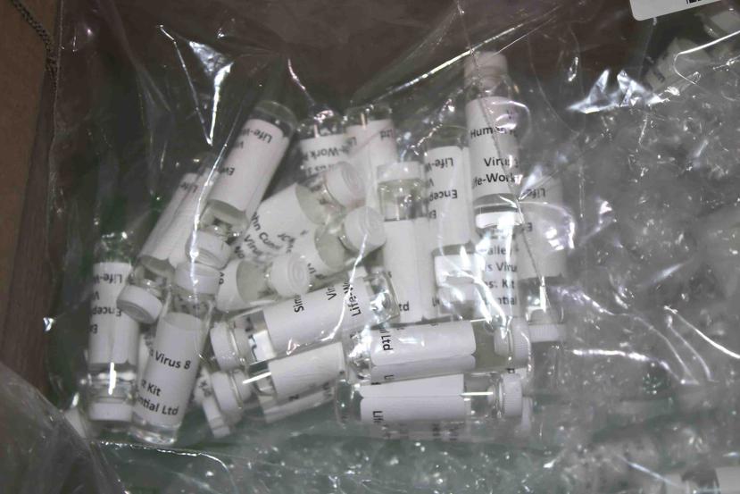 Un paquete que contiene preuntos equipos falsos de prueba dl COVID-19 que fueron interceptados en el aeropuerto internacional de Los Angeles. (CBP vía AP)