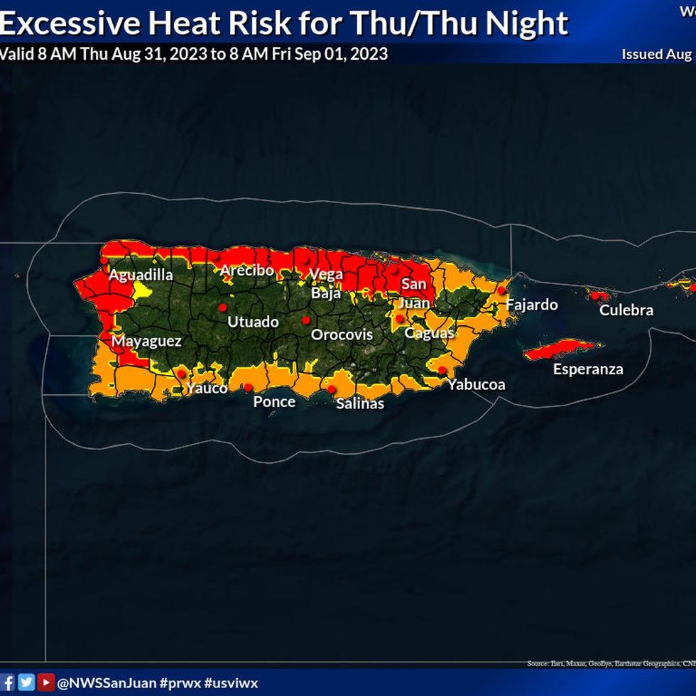 Mapa que muestra los niveles de riesgo por calor para Puerto Rico durante el 31 de agosto de 2023. El anaranjado es riesgo elevado y el rojo representa riesgo significativo.