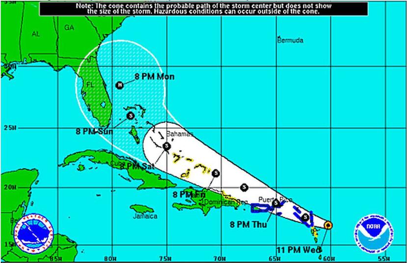 Se espera que Erika deje sobre Puerto Rico de tres a cinco pulgadas de lluvia y en zonas aisladas llegue a generar hasta ocho pulgadas de lluvia hasta el viernes en la mañana. (NOAA)