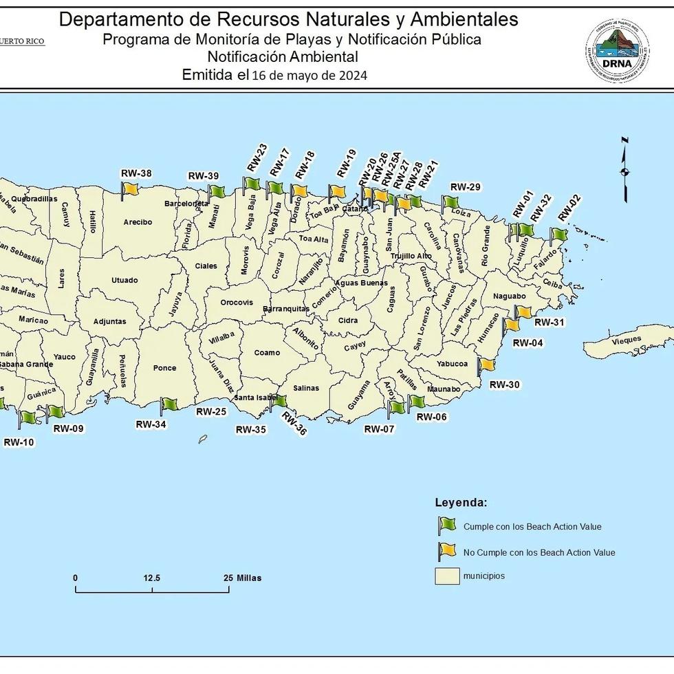 A base de los resultados de los muestreos del 13 y 14 de mayo de 2024, realizados en las playas que son parte del Programa de Playas, el DRNA identificó 11 playas que no son aptas para bañistas por exceder el limite de enterococos.