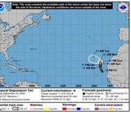Pronóstico de trayectoria para la depresión tropical 10, según el boletín del Centro Nacional de Huracanes a las 11:00 a.m. del 23 de septiembre de 2022.