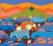 Representación artística de la congestión vehicular contemporánea a la que alude Cezanne Cardona Morales, inspirado en la novela "La guaracha del Macho Camacho".