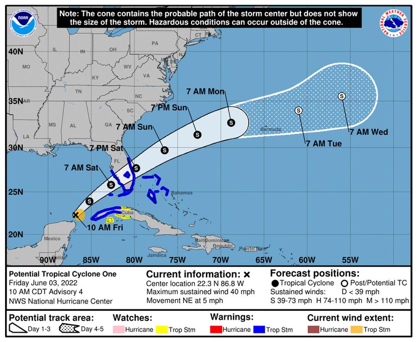 Trayectoria del Potencial Ciclón Tropical #1, emitido por el Centro Nacional de Huracanes en la mañana del 3 de junio de 2022.
