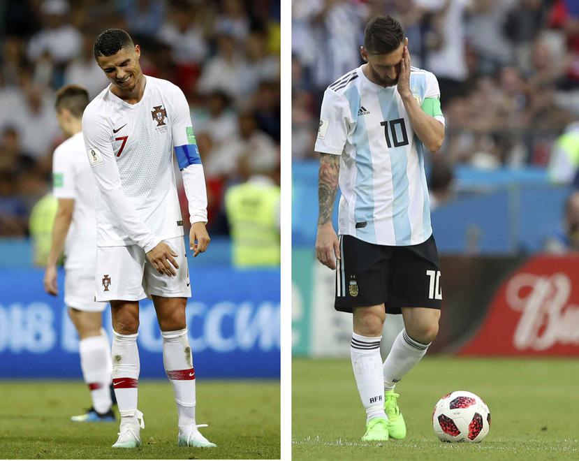 Messi (derecha) suma seis goles en 19 partidos de copas mundiales y Cristiano siete en 17. (AP)