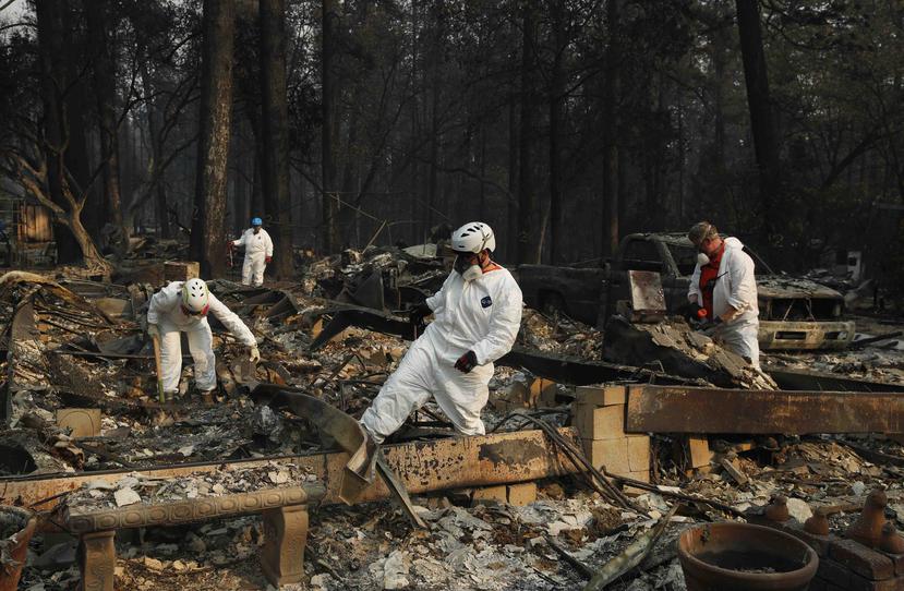 Personal de búsqueda y rescate buscan restos humanos en las ruinas de una estructura destruida por el incendio en Paradise, California. (AP)