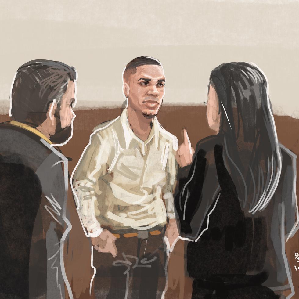 Ilustración de Félix Verdejo mientras conversaba con sus abogados durante el juicio en su contra.