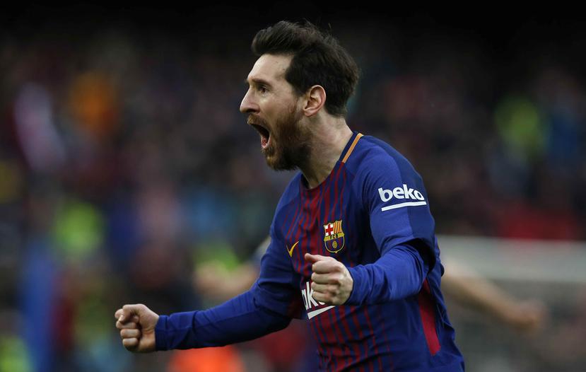El jugador del Barcelona, Lionel Messi, festeja un gol contra Atlético de Madrid en un partido por la liga española el domingo, 4 de marzo de 2018, en Barcelona. (APManu Fernandez)