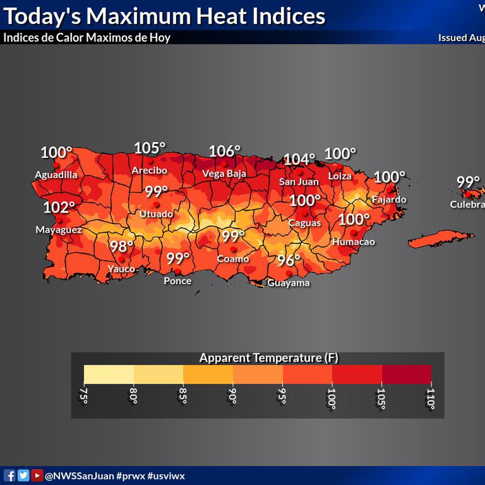 Gráfica que muestra los índices de calor pronosticado para este martes, 16 de agosto de 2022, en Puerto Rico.