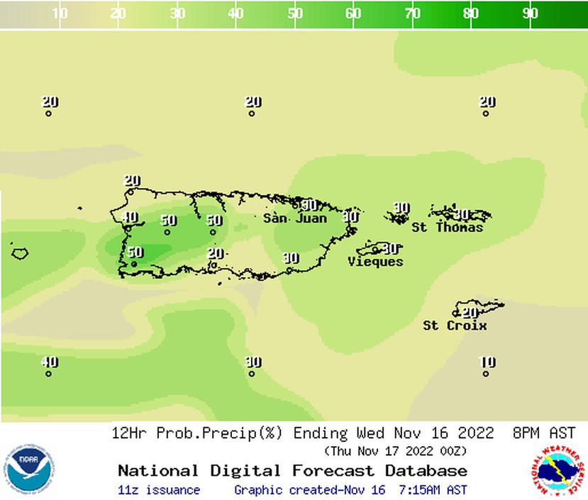 Mapa que muestra en porcentaje las probabilidad de lluvia para Puerto Rico durante este miércoles, 16 de noviembre de 2022.