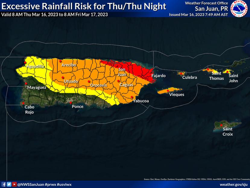 Mapa que muestra el riesgo de inundaciones para el 16 de marzo de 2023. El amarillo es riesgo limitado, anaranjado es riesgo elevado y el rojo es riesgo significativo.