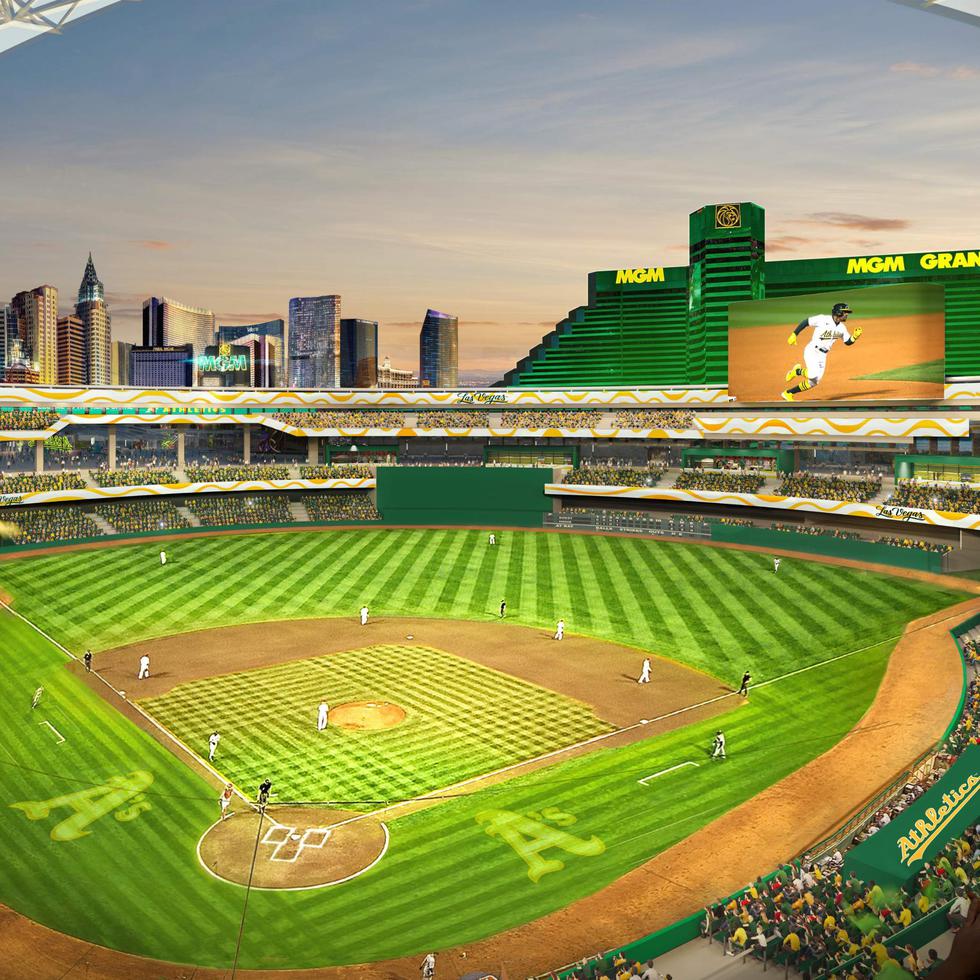 Esta imagen generada por computadora y distribuida por los Athletics muestra el diseño propuesto para su parque en Las Vegas.