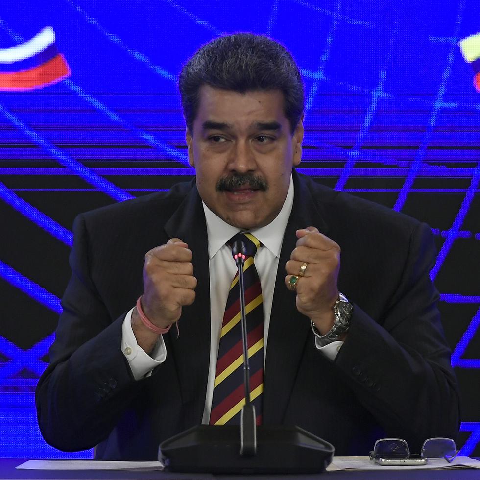 El presidente de Venezuela Nicolás Maduro hablando tras la firma de un acuerdo con Rusia en Caracas el 16 de febrero del 2022.