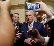 House Speaker Kevin McCarthy of Calif., speaks with members of the press, Tuesday, May 23, 2023, on Capitol Hill in Washington. (AP Photo/Patrick Semansky)