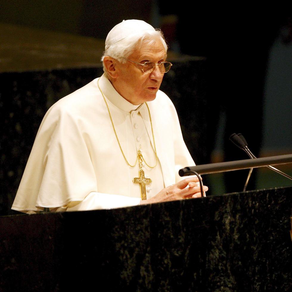 Imagen de Archivo del papa Benedicto XVI, durante el discurso que pronunció ante la Asamblea General de Naciones Unidas, en la sede de la ONU en Nueva York, Estados Unidos.
EFE/Matt Cambell
