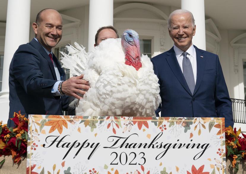 Washington (United States), 20/11/2023.- U.S. President Joe Biden (R) pardons the National Thanksgiving Turkey as Jose Rojas, assistant vice president of Live Production at Jennie-O Turkey Store looks on during a ceremony on the South Lawn of the White House in Washington DC, USA, 20 November 2023. (Turquía) EFE/EPA/CHRIS KLEPONIS / POOL
