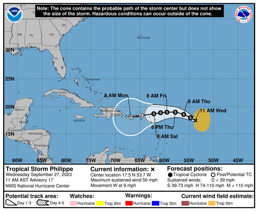 Trayectoria oficial pronosticada de la tormenta tropical Philippe, según el boletín de las 11:00 a.m. del 27 de septiembre de 2023.