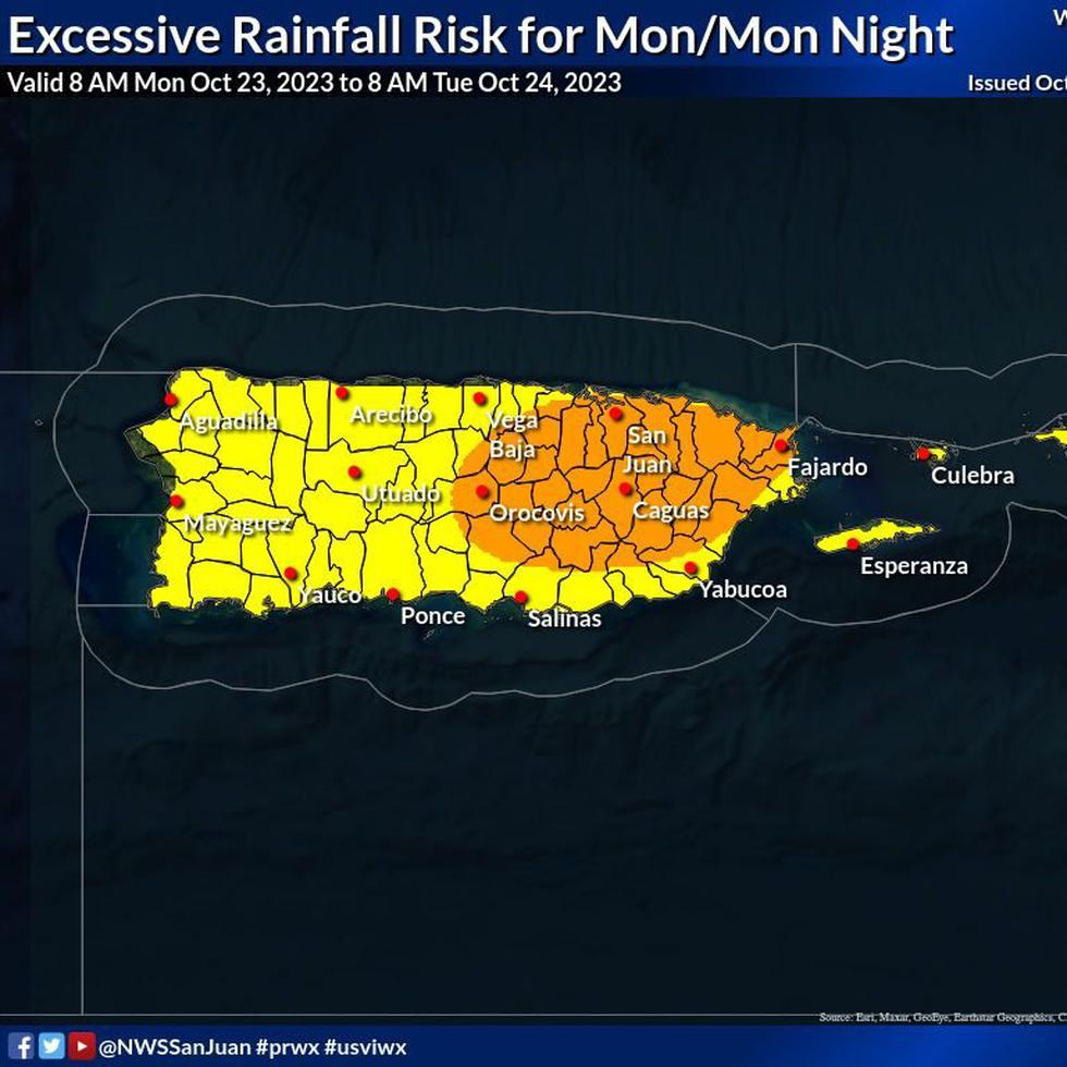 Se espera al menos una acumulación de lluvia de una pulgada para varios municipios de la región este, sur y área metropolitana de Puerto Rico.