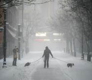Peatones y sus perros en el centro de Providence, Rhode Island, el sábado 29 de enero de 2022.
